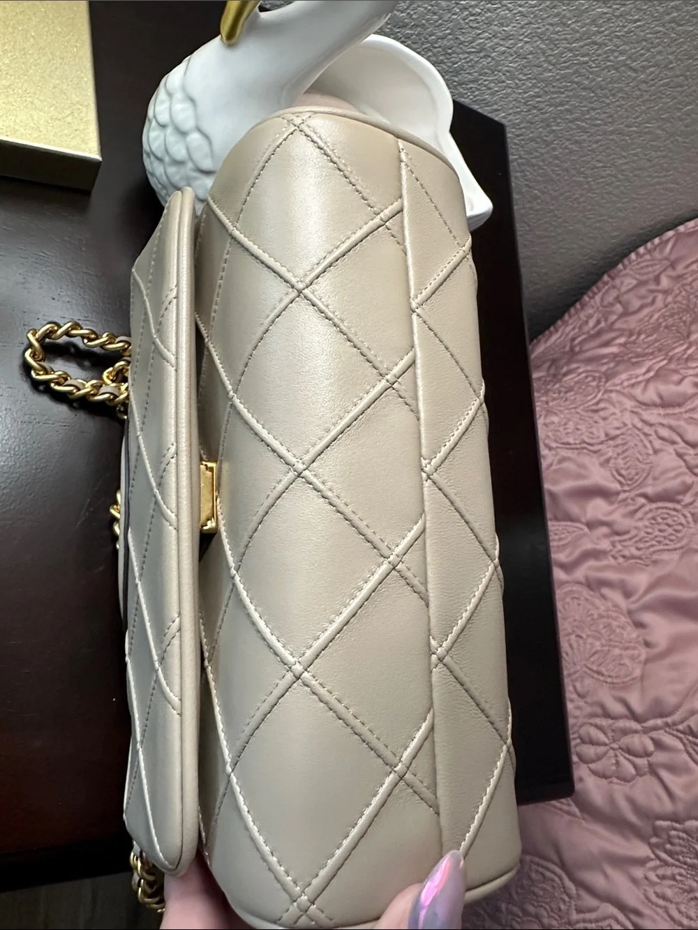 Tory Burch Quilted Beige Leather Shoulder Bag with Gold Chain
